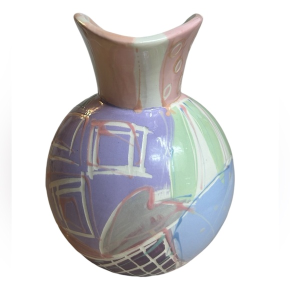 Ceramic Pitcher Vase Post Modern 1980s Colorful Pastel Artisan Signed Pink Blue - Picture 4 of 10